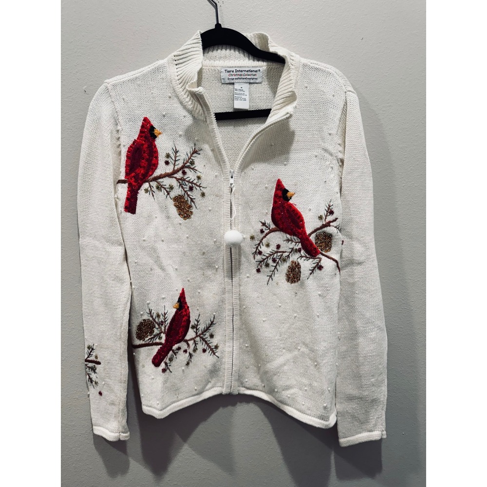 Tiara International Christmas Cardinal Zip Up Sweater Cream Sequin Beaded Medium